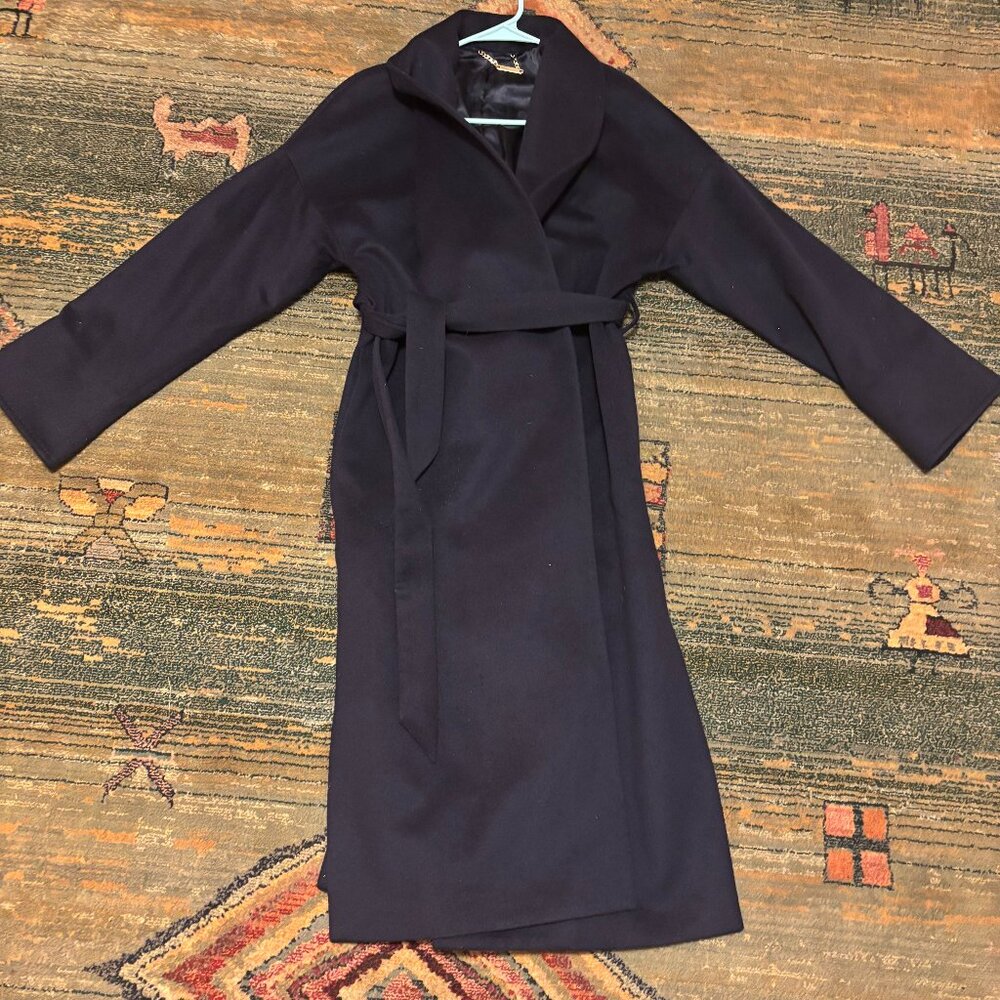 Gobi Cashmere Long Navy Coat with Waist Tie